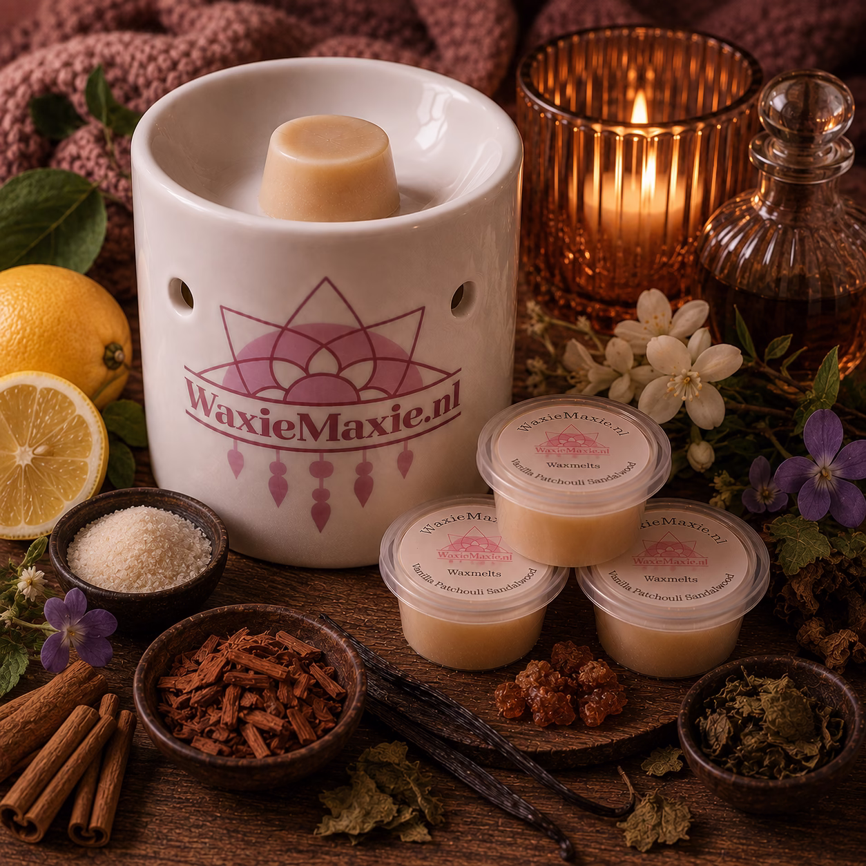 Waxmelts Vanilla Patchouli Sandalwood 1 Waxmelts Vanilla Patchouli Sandalwood van Waxiemaxie.nl is een rijke geur die warmte en rust uitstraalt. Deze combinatie van hout, kruiden en zachte zoetheid